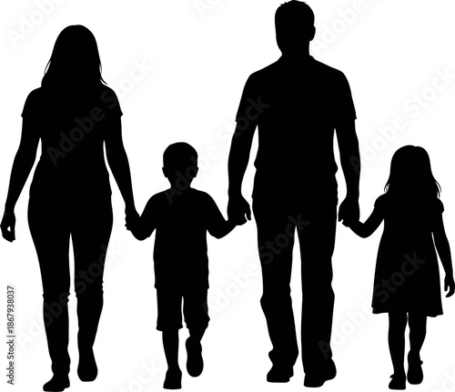 Happy mother's day family silhouette mom dad and kids walking together