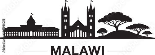 Malawi skyline silhouette with cathedral, government building and trees