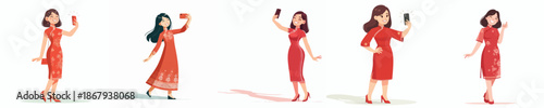 vector woman standing happily taking selfie photo during Chinese New Year