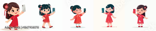 vector little girl standing happily taking selfie photo during Chinese New Year