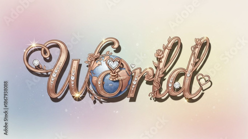 Elegant World text crafted with rose gold diamonds and pearls featuring a globe centerpiece symbolizing global connection and luxury for branding