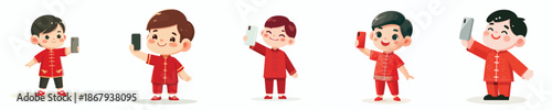 vector little boy standing happily taking selfie photo during Chinese New Year