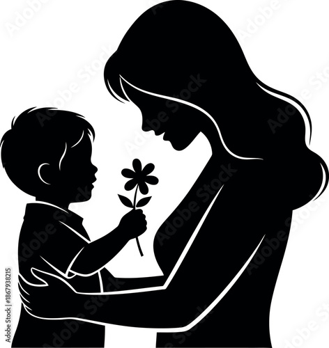 Happy mother's day silhouette of loving child giving flower to mother