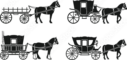 Vintage horse carriages and wagons black and white illustration on transparent background silhouette