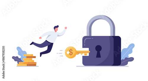 Man Unlocking Padlock with Golden Key.