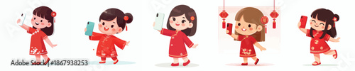 vector little girl standing happily taking selfie photo during Chinese New Year