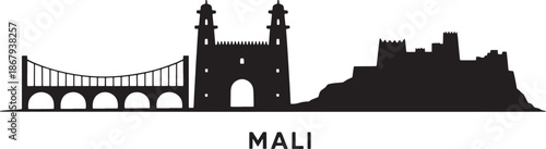 Republic of mali cityscape skyline silhouette vector graphic with suspension bridge and historical fortress