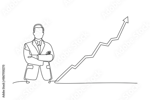 A businessman standing with growth chart. People self employed concept. Single line draw design. Vector graphic illustration