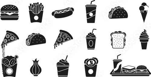 Black fast food icons set with various meals on transparent background silhouette