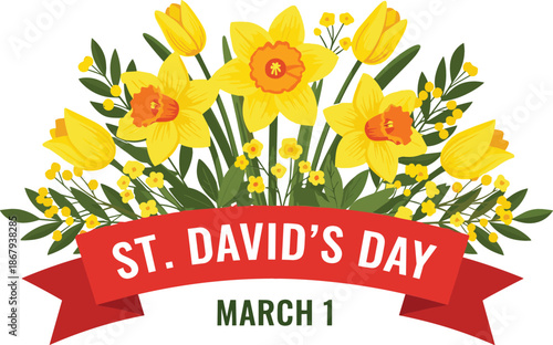 St Davids Day vector banner featuring a beautiful yellow daffodil and tulip bouquet with a bold red ribbon.
