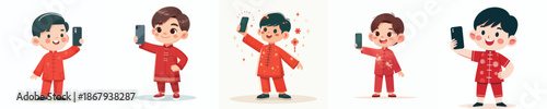 vector little boy standing happily taking selfie photo during Chinese New Year