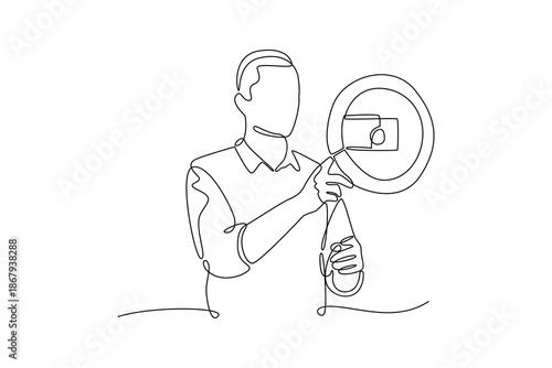 A man adjusting a studio ring light. People self employed concept. Single line draw design. Vector graphic illustration