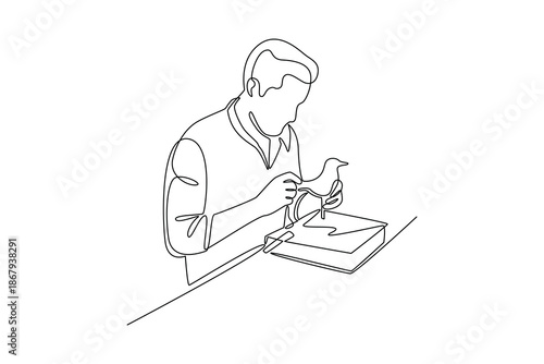 A man crafting a small object. People self employed concept. Single line draw design. Vector graphic illustration
