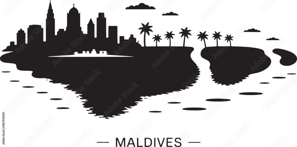 Obraz premium Tropical maldives skyline silhouette vector map with male city buildings palm trees and ocean reflection