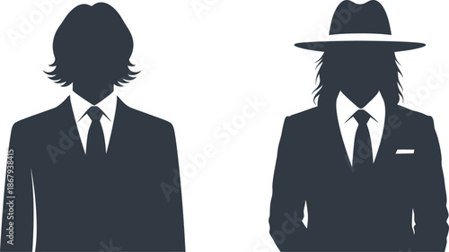 Two men in suits and hats black silhouette on transparent background