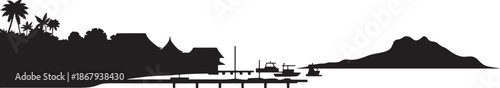 Tropical island resort silhouette featuring overwater bungalows wooden pier small motorboats and distant volcanic mountain vector.