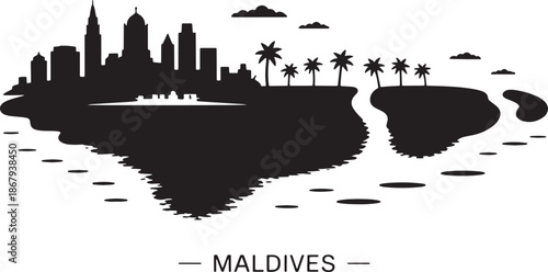 Tropical maldives skyline silhouette vector map with male city buildings palm trees and ocean reflection