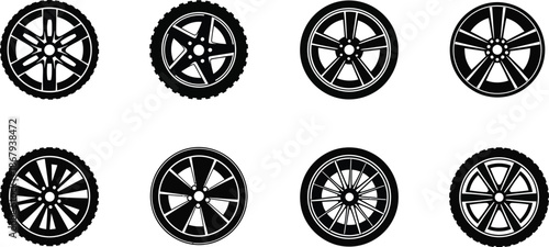 Four rows of various wheel designs on transparent background silhouette
