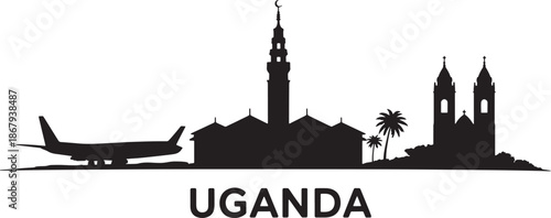 Uganda city skyline vector silhouette with airplane landmark architecture icons and palm trees