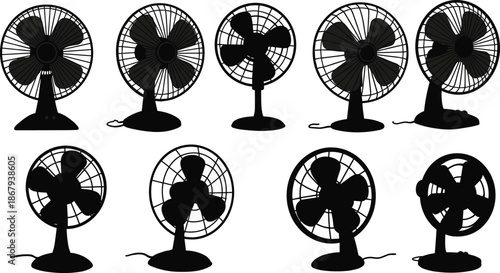 Electric table fan silhouettes with varied blade shapes, grill designs, and base styles for household cooling appliance vector illustration themes