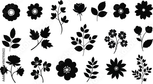 Black floral arrangements and leafy branches perfect for design on transparent background silhouette