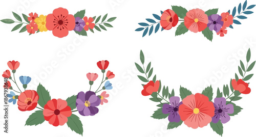 Floral arrangements and bouquets in vibrant colors on transparent background silhouette