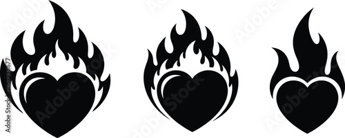 Three black heart flames artistic design element on transparent background silhouette