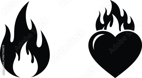 Burning heart and flames graphic design element on transparent background silhouette