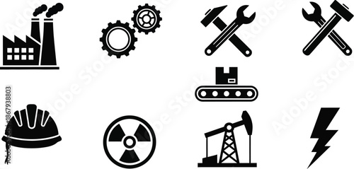 Industrial icons set featuring factory tools and energy sources on transparent background silhouette