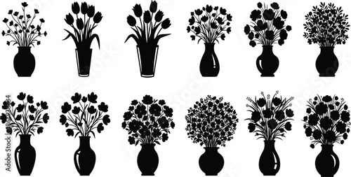 Elegant black silhouette flower arrangements in vases illustration, decorative floral design collection, diverse bouquet styles, creative botanical vector art