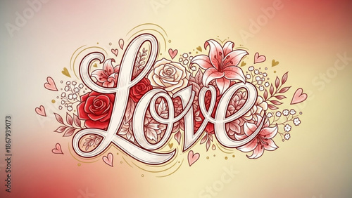The word Love written in elegant calligraphy surrounded by romantic flowers and hearts perfect for Valentines Day or wedding invitations