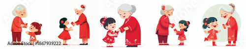 vector of grandmother giving red envelopes to Chinese New Year grandchild