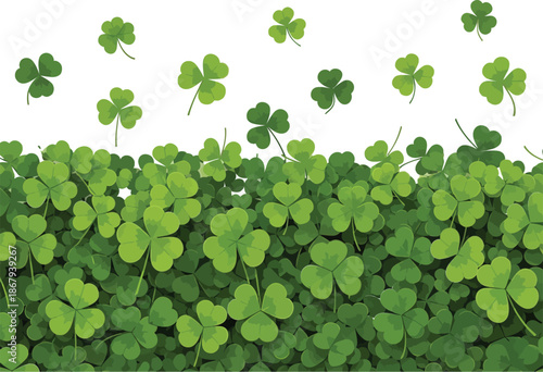A vibrant green field of shamrocks with clovers floating above on a clean white background, perfect for St. Patrick's Day celebrations and themes.