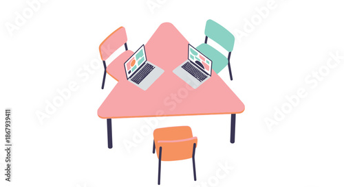 Pink Desk with Laptops and Chairs Illustration.