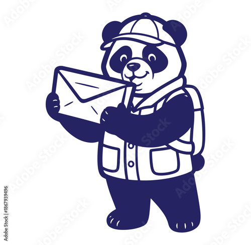 Adorable panda bear mail carrier smiling holding an envelope with delivery service logo