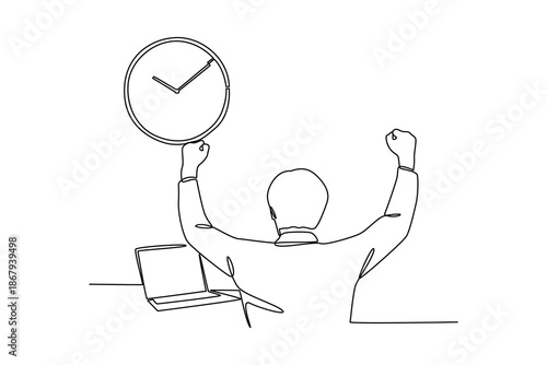 Man celebrating time success. Time Management concept. Single line draw design. Vector graphic illustration
