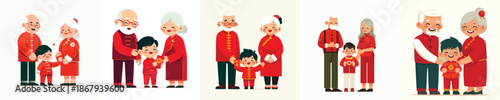 vector of grandparent giving red envelopes to Chinese New Year grandchild