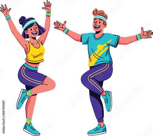 Energetic fitness dance, aerobic workout, animated characters, sporty couple, active lifestyle, exercise routine, healthy movement, gym fashion, fun training, vibrant illustration