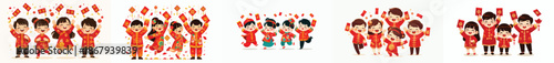 vector of happy children celebrating Chinese New Year while holding red envelopes