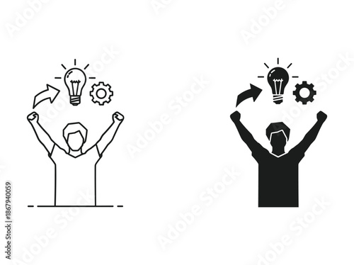 Man celebrating with light bulb and gear icon above head