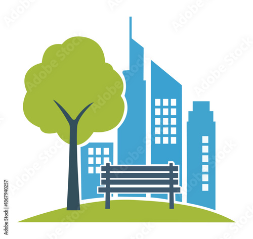 Urban park illustration featuring a green tree and park bench in front of a blue city skyscraper skyline for city planning and real estate branding