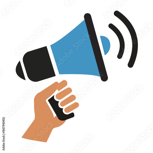 Megaphone icon held by a hand for marketing announcements business promotions advertising alerts and digital communication graphics