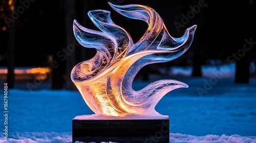Illuminated ice sculpture, winter park, night, glowing, festival