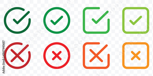 Check mark icon set. Check box icon with right and wrong buttons and yes or no checkmark icons. Vector illustration.