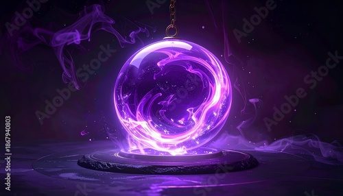 Glowing purple orb, suspended, generating magical energy