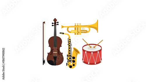 Collection of Musical Instruments Violin Saxophone Trumpet Drum