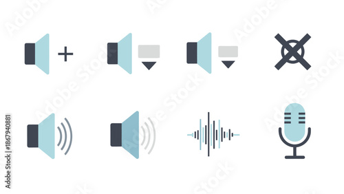 Audio Controls and Sound Wave Icons Set Volume Up Down Mute Microphone Sound Levels