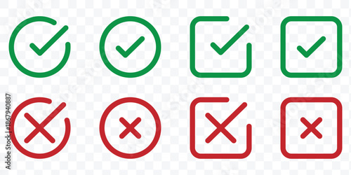 Check mark icon set. Check box icon with right and wrong buttons and yes or no checkmark icons. Vector illustration.