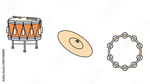 Percussion Instruments Collection Drum Cymbal Tambourine for Music and Entertainment Concepts