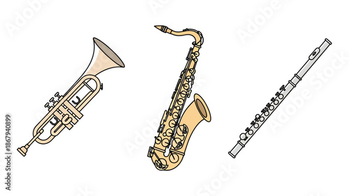 Collection of Wind Instruments Trumpet Saxophone and Flute
